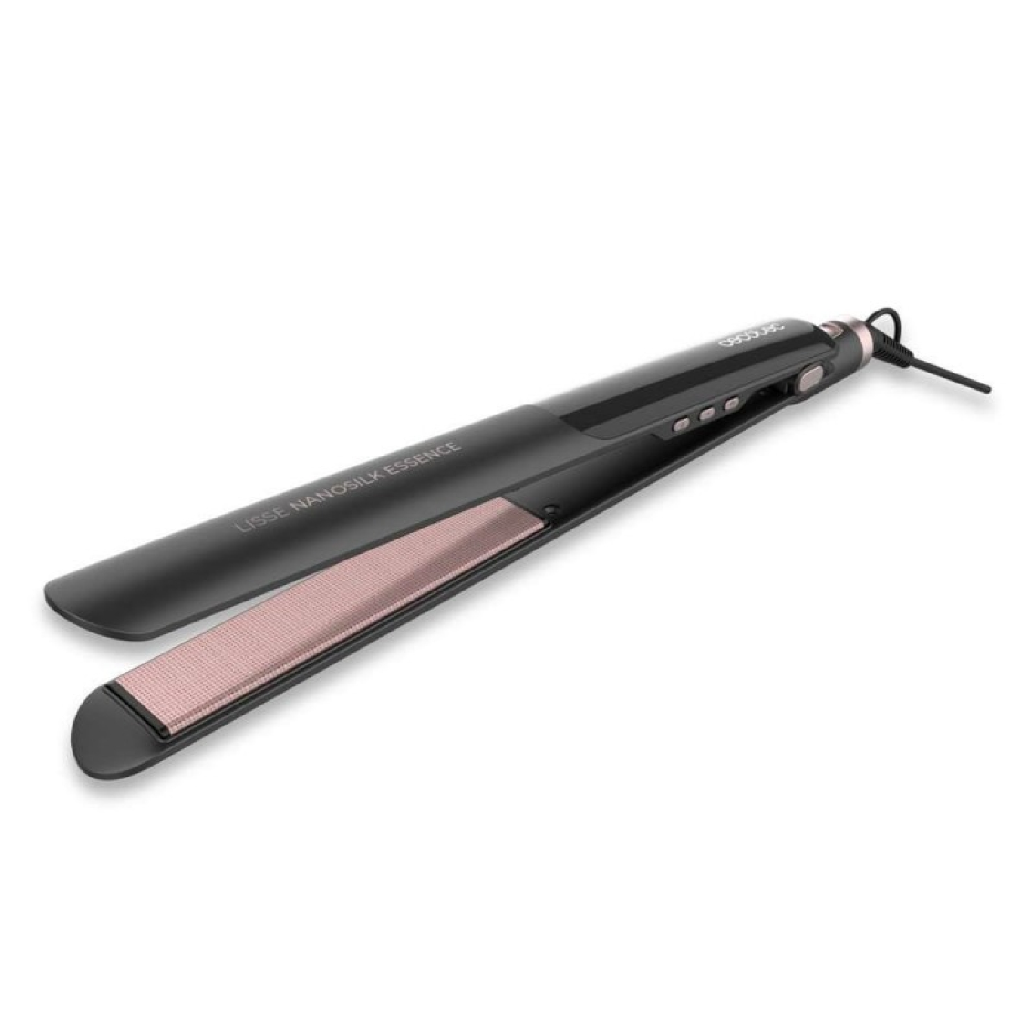 Una plancha de pelo negra con placas calefactoras y controles en oro rosa.
