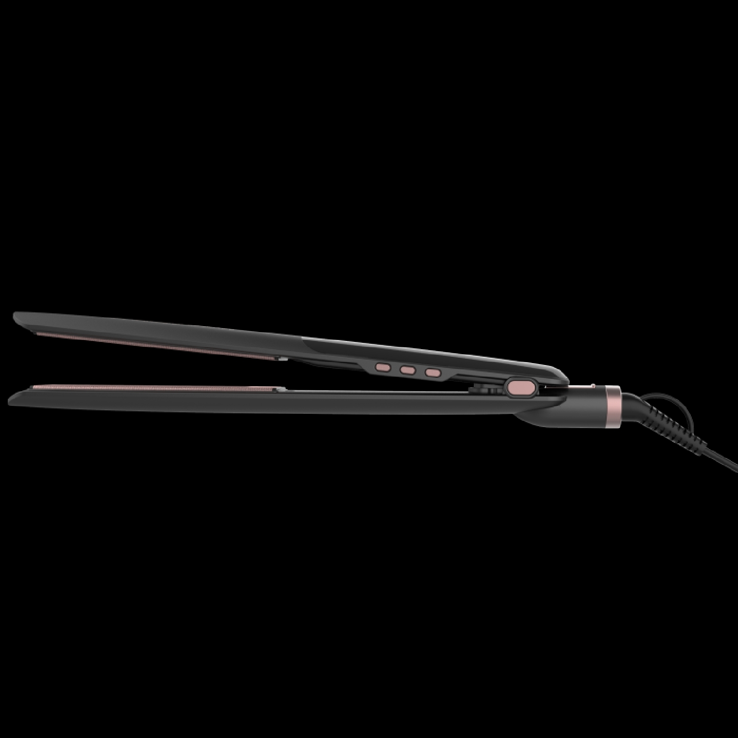Una plancha de pelo negra con detalles y botones en oro rosa sobre fondo negro.