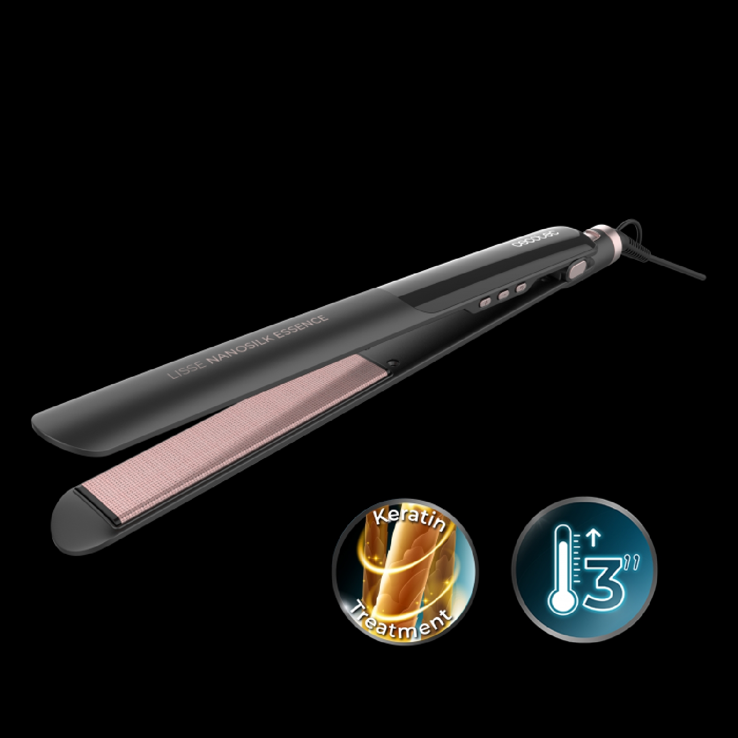 Plancha de pelo negra con placas rosas, e iconos de tratamiento de queratina y temperatura.