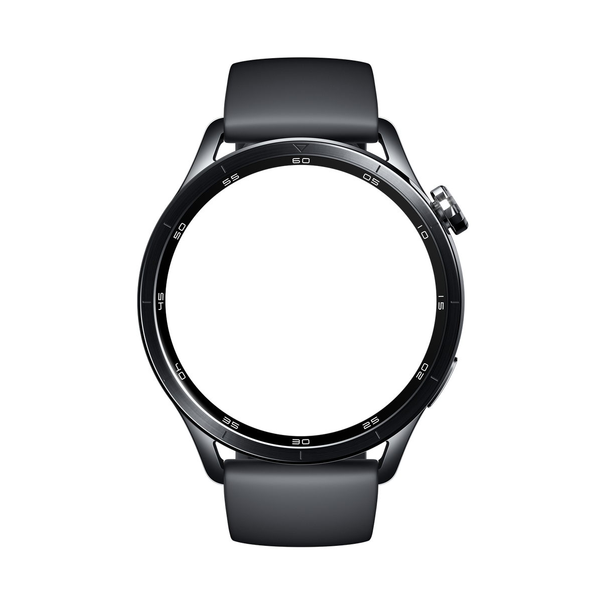 Une montre connectée noire avec une lunette et un cadran affichant des chiffres.