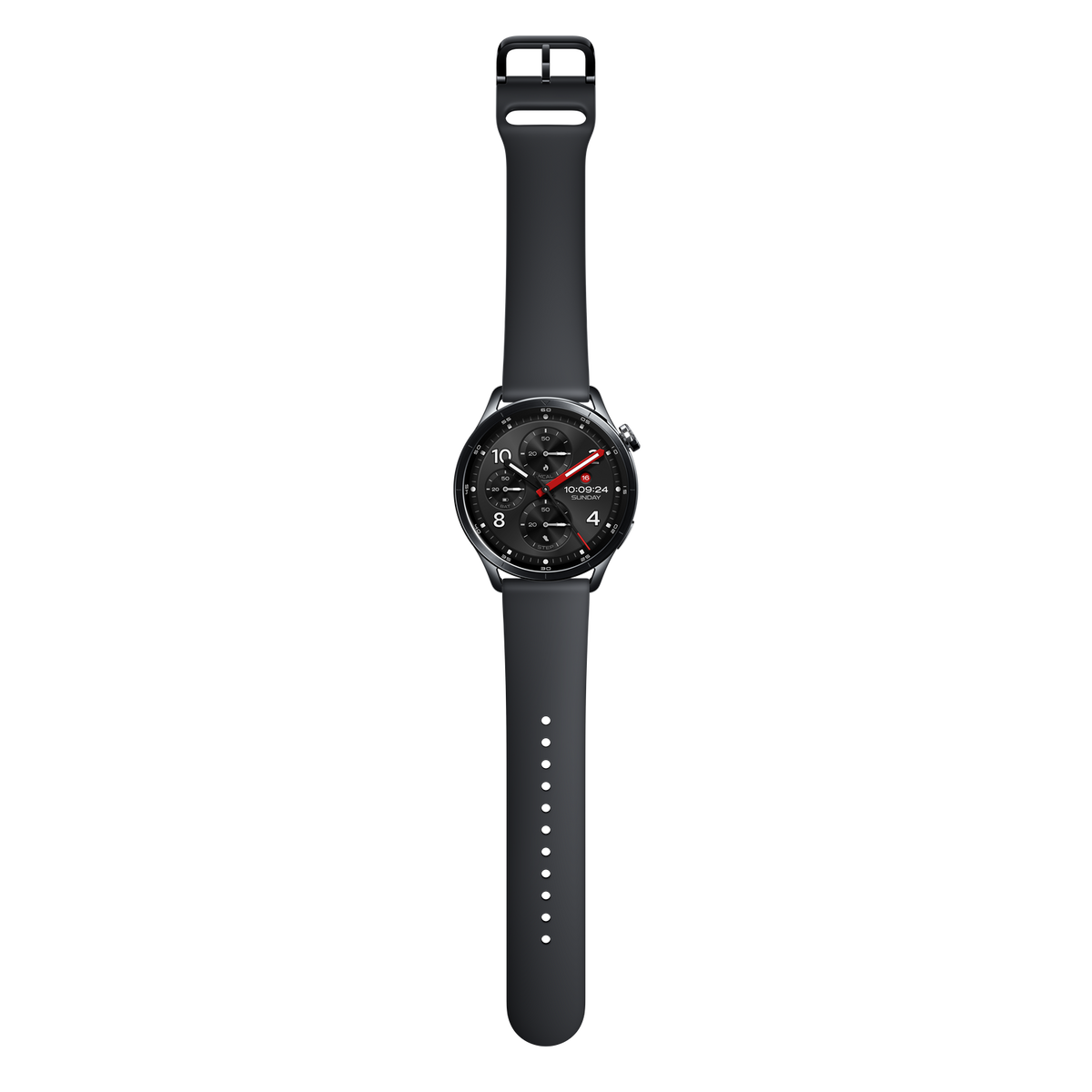 Une montre connectée grise avec un cadran rond affichant 10:09:24.