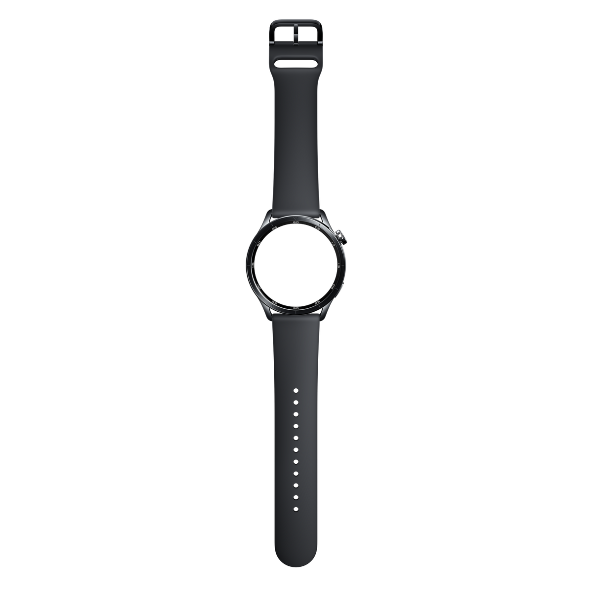 Une montre connectée foncée avec bracelet noir sur fond noir.