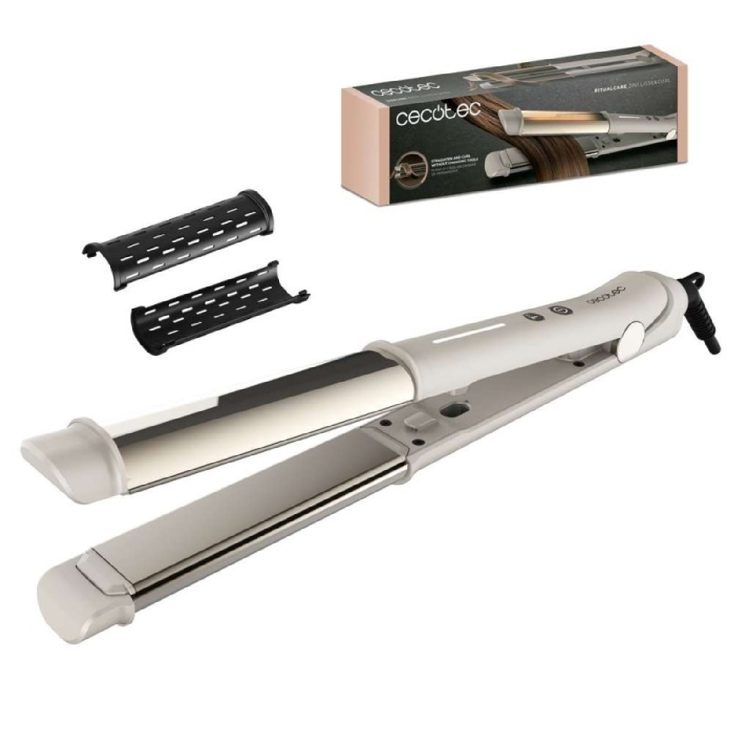 Plancha de pelo blanca y plateada con accesorios y caja. Aislada en blanco.