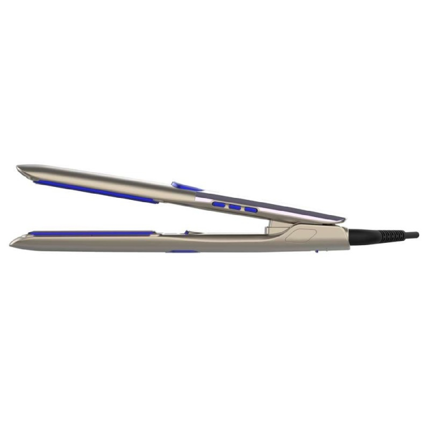 Una plancha de pelo dorada con detalles azules y cable negro.