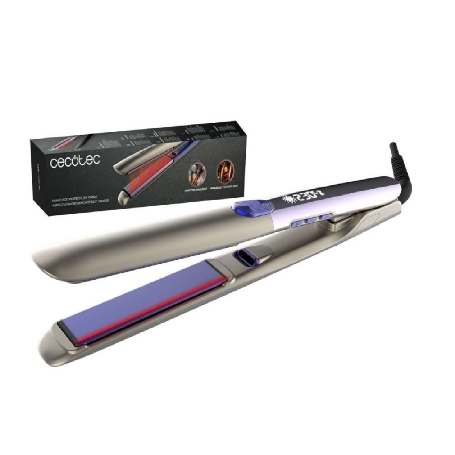 Una plancha para el pelo plateada con placas calefactoras azules y rojas y pantalla digital.