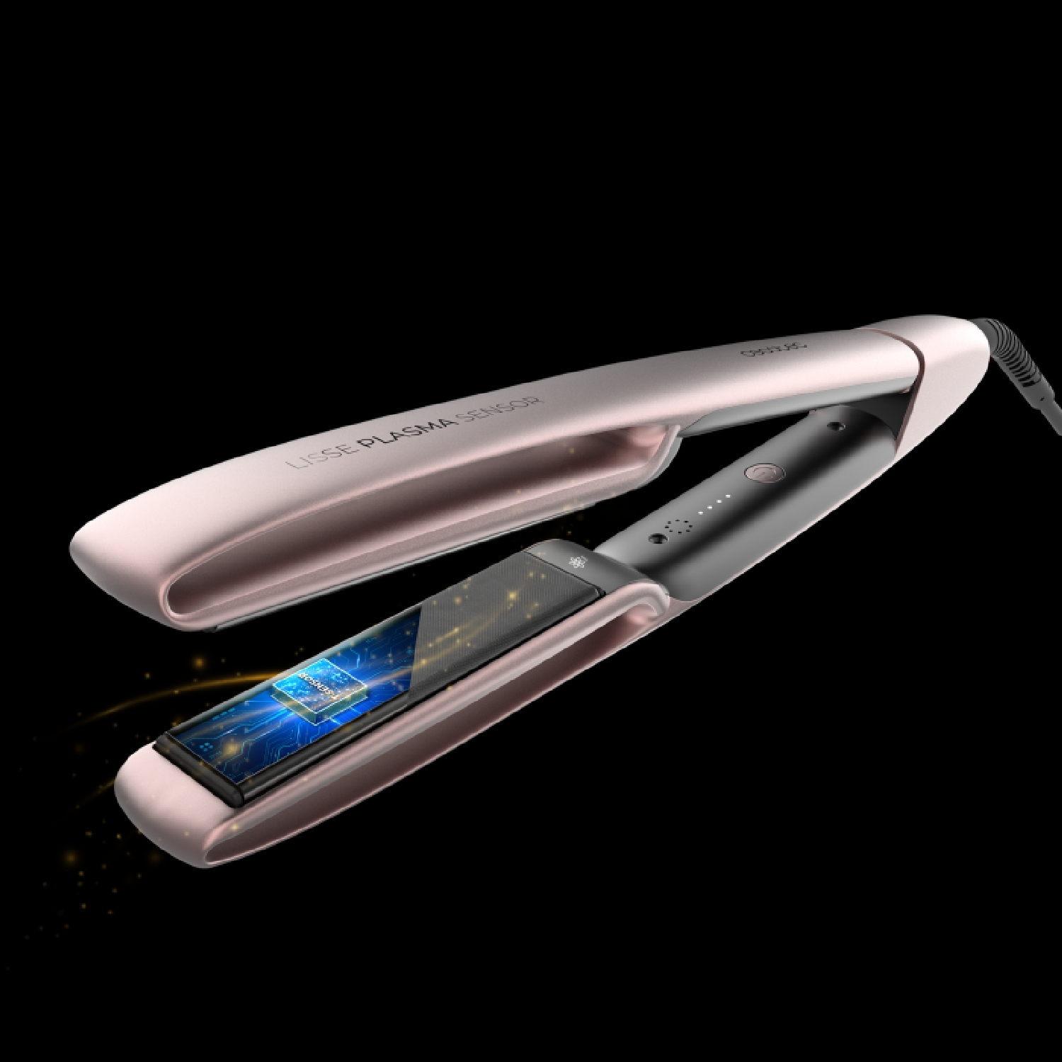 Una plancha de pelo rosa dorado con las placas abiertas mostrando un chip.