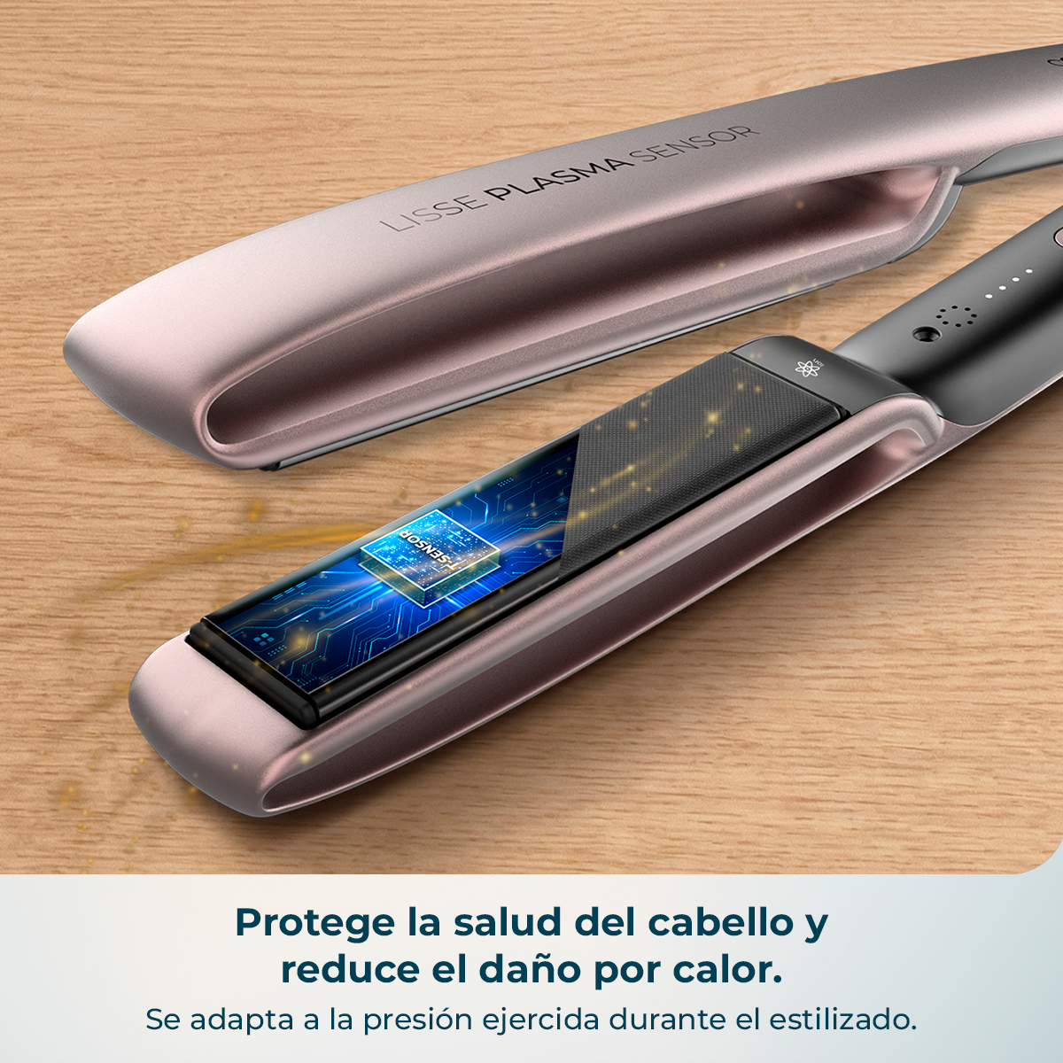 Una plancha de pelo rosa con pantalla digital mostrando un chip.