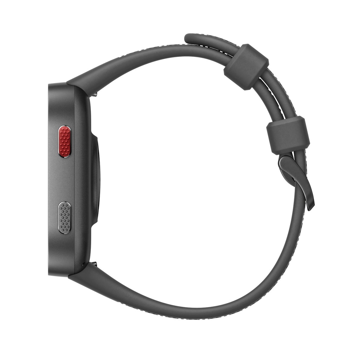 Graue Smartwatch mit rotem Knopf im Profil, schwarzer Hintergrund.