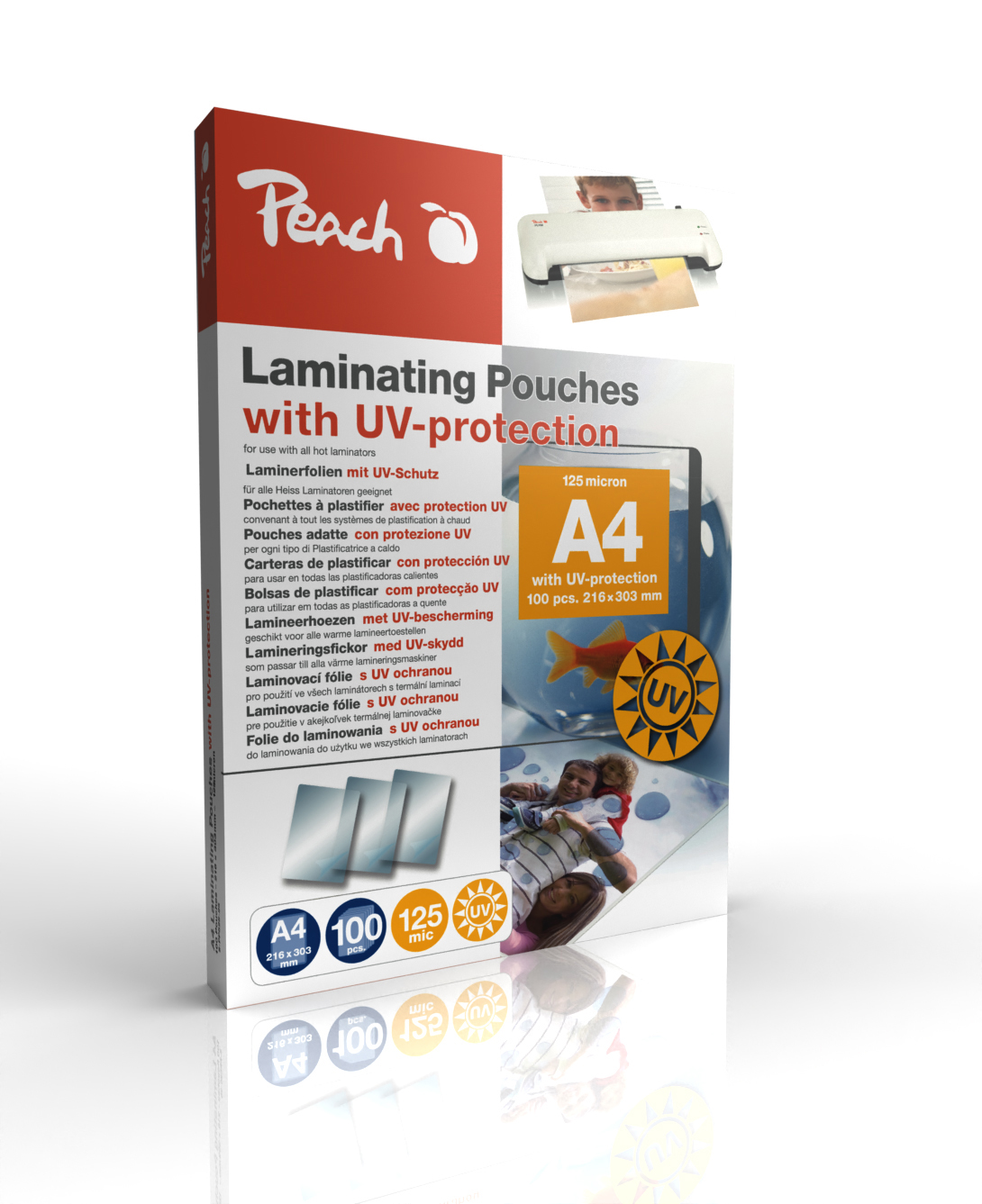 Verpackung von Peach Laminierfolien mit UV-Schutz, A4 Format, 125 Mikron.