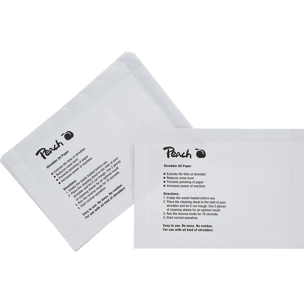 Carta Olio Peach per trituratore con istruzioni, confezione bianca con logo.