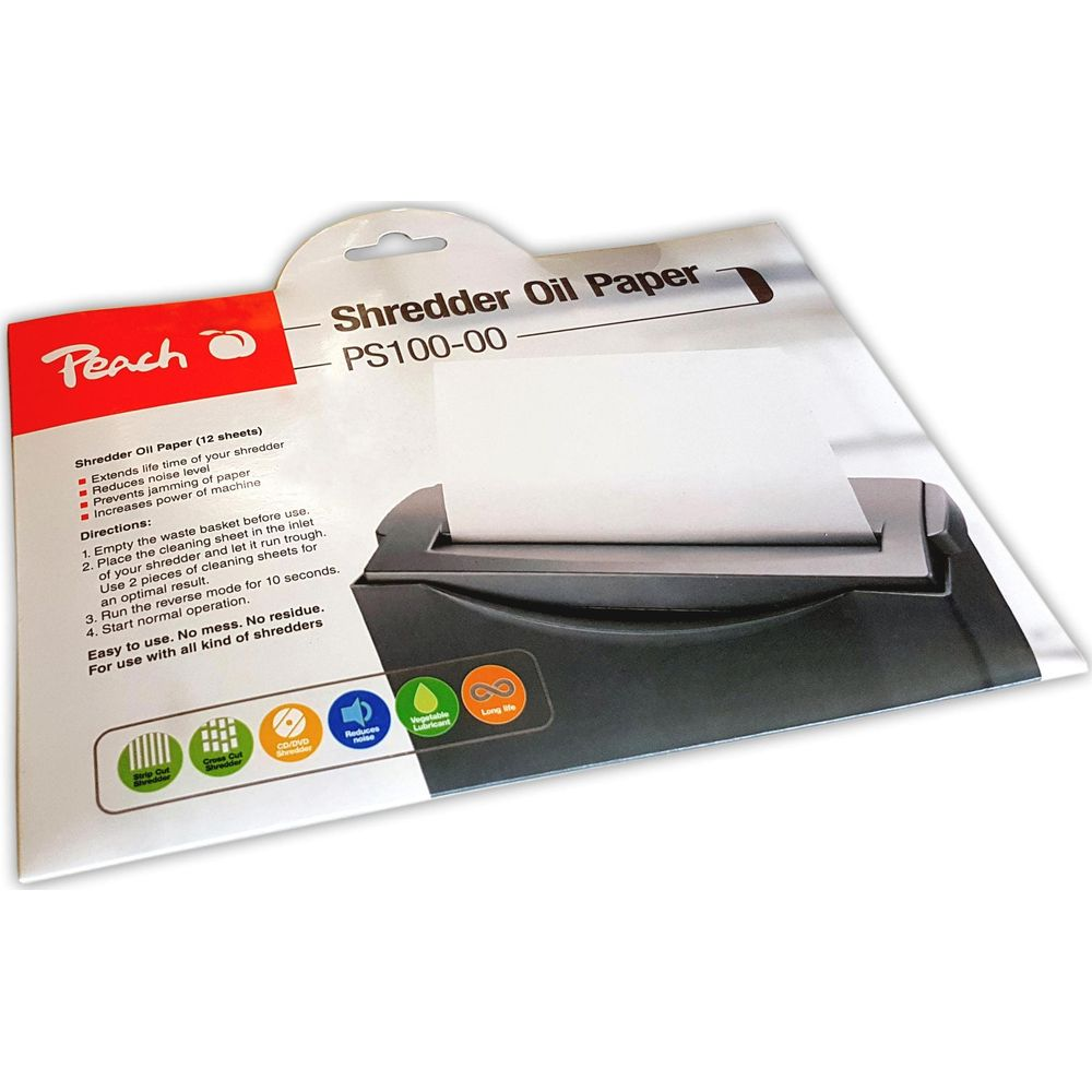 Peach Shredder Oil Paper PS100-00. Un foglio di carta viene inserito in un distruggi documenti.