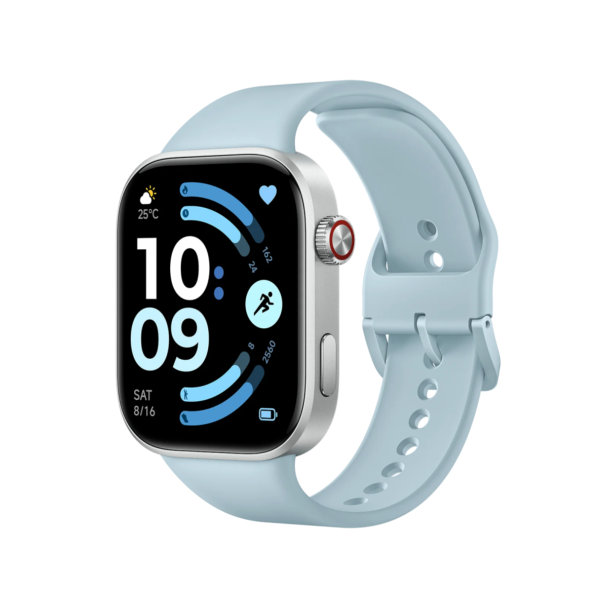 Un reloj inteligente azul claro con caja y esfera plateadas que muestra la hora 10:09.