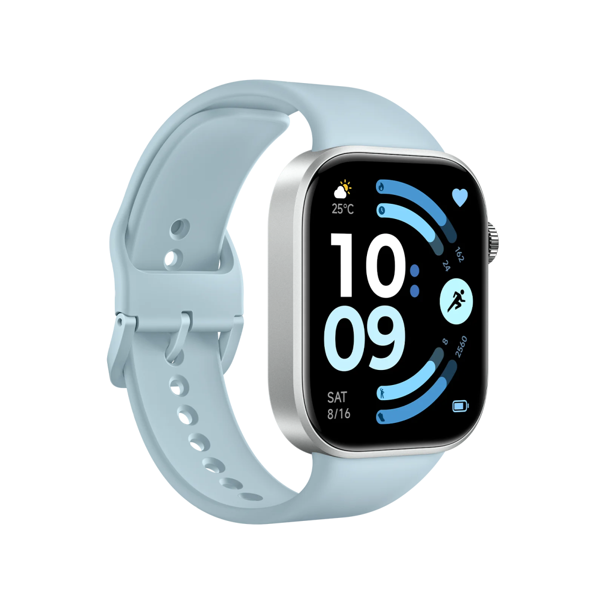 Un reloj inteligente azul claro con carcasa plateada y pantalla digital.