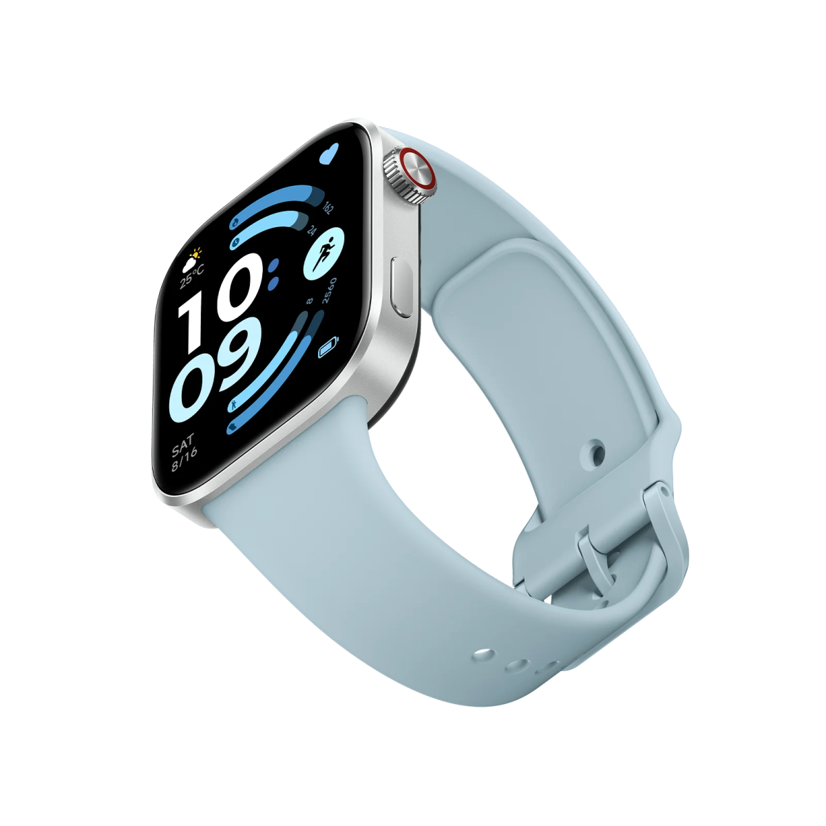 Reloj inteligente plateado con banda azul claro, muestra hora, clima y estadísticas.
