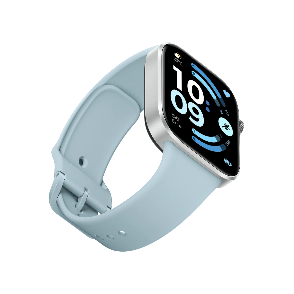 Un smartwatch azul claro con carcasa plateada y pantalla táctil que muestra hora, fecha y clima.