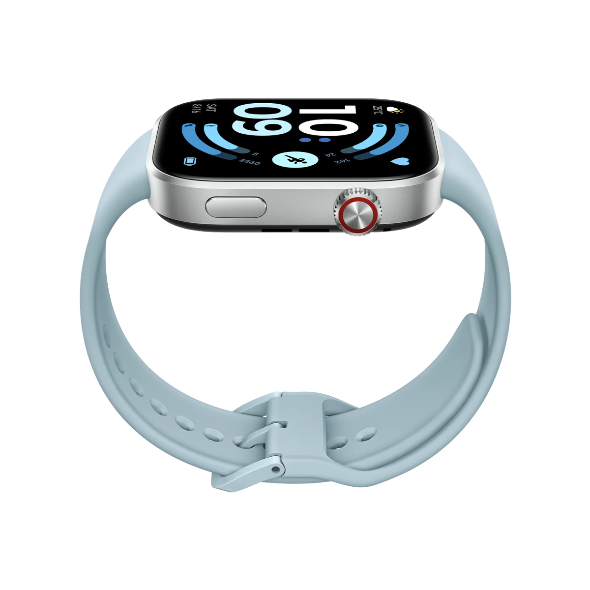 Un reloj inteligente azul claro con caja plateada y pantalla digital.