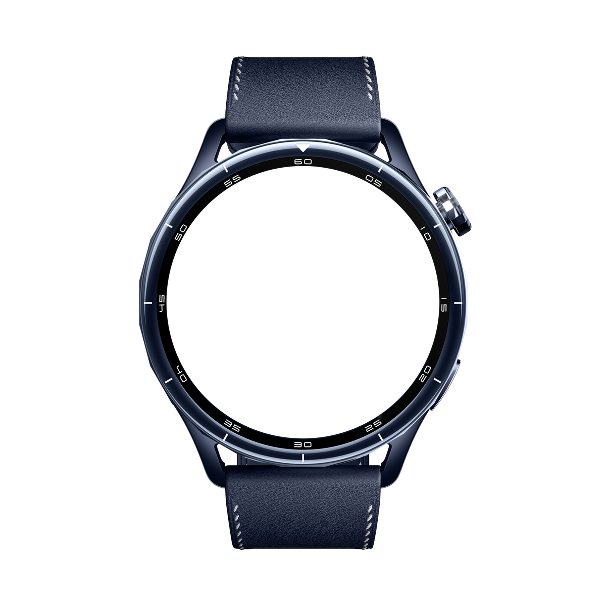 Uno smartwatch blu scuro con cinturino in pelle e display sulla ghiera su sfondo nero.