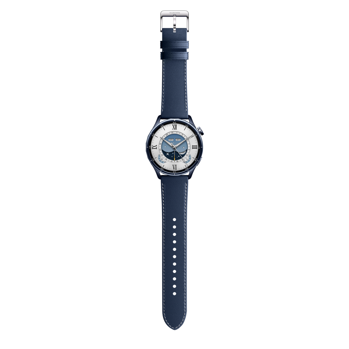 Uno smartwatch blu scuro con cinturino in pelle e quadrante bianca con numeri romani.
