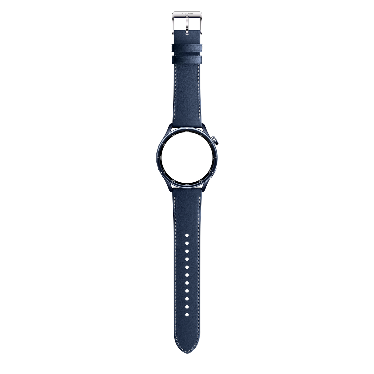 Uno smartwatch blu scuro con fibbia argentata e cuciture bianche.