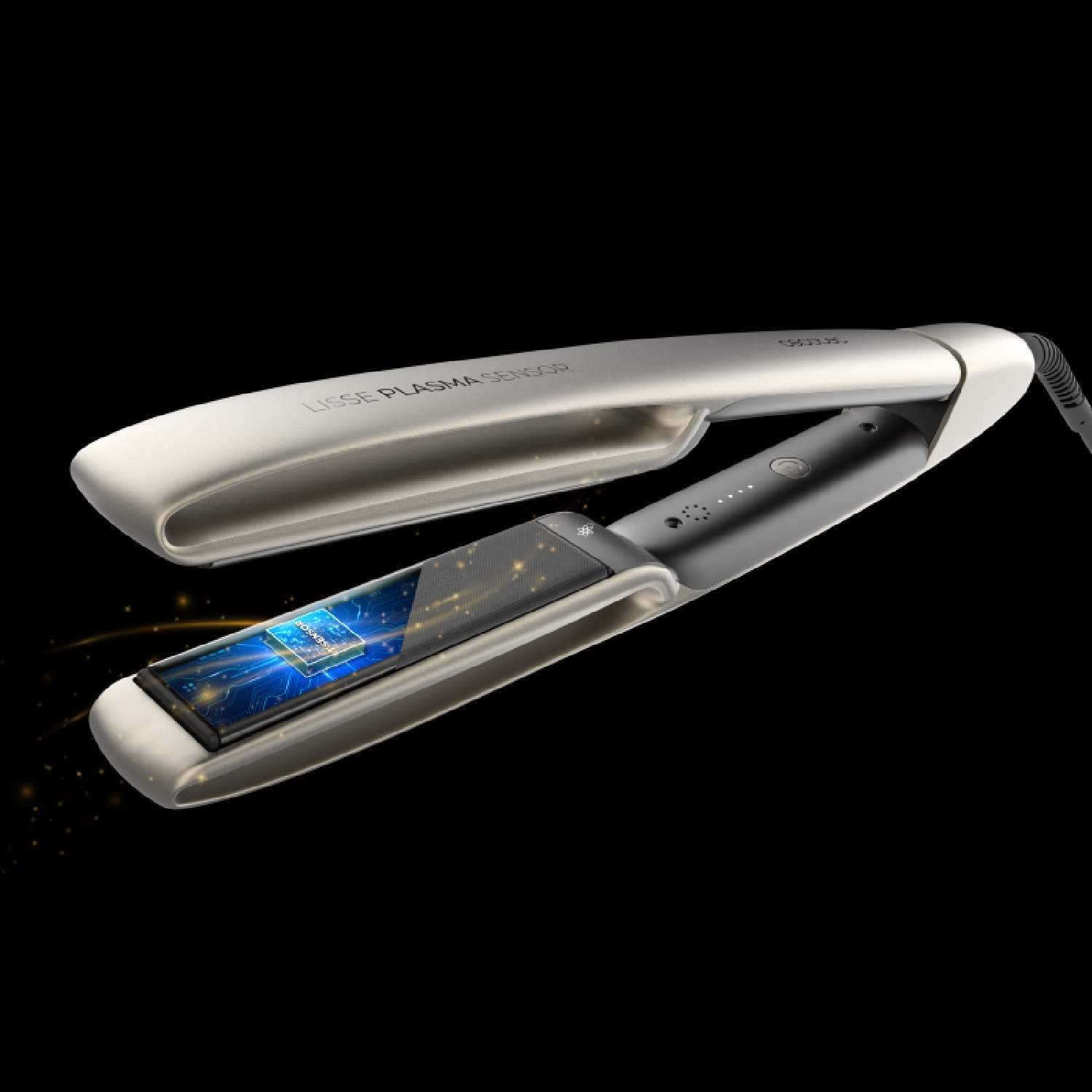 Una plancha plateada para el pelo con pantalla digital mostrando un chip.