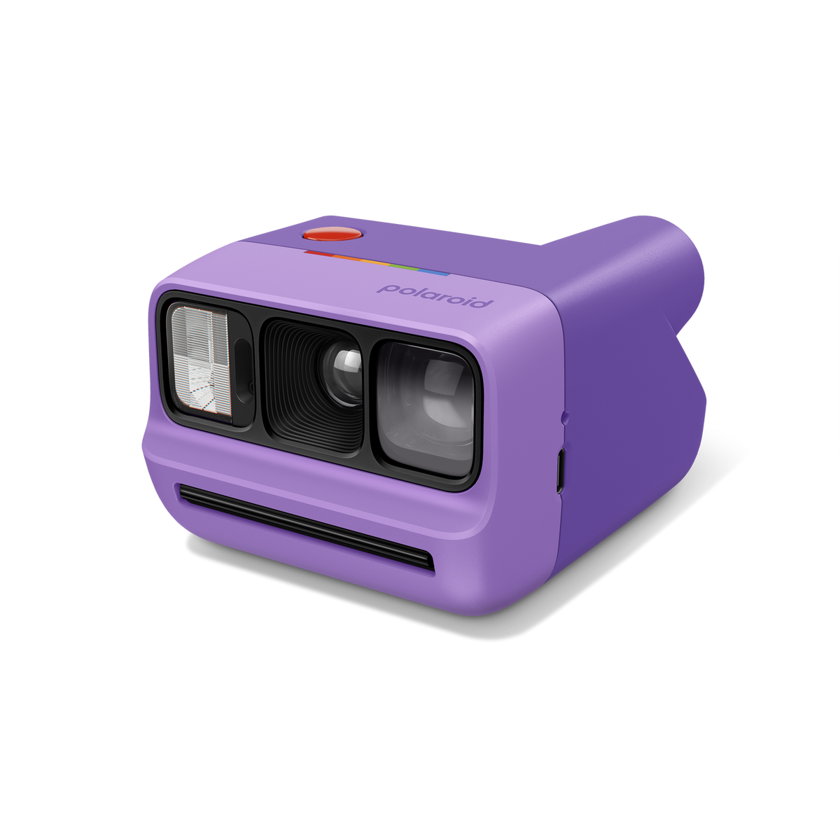 Una fotocamera istantanea Polaroid viola con obiettivo e flash.