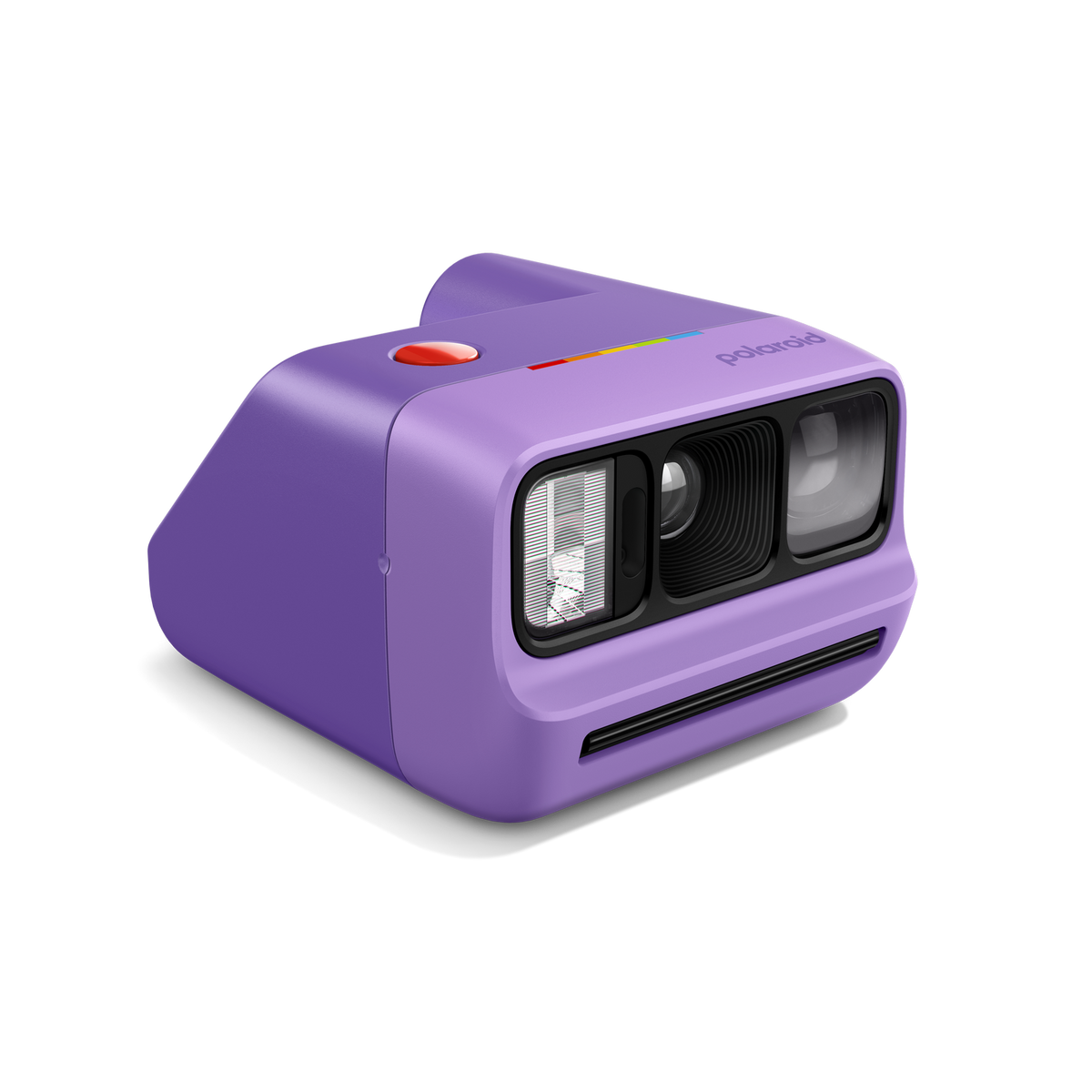 Fotocamera Polaroid viola con pulsante rosso e accenti arcobaleno.