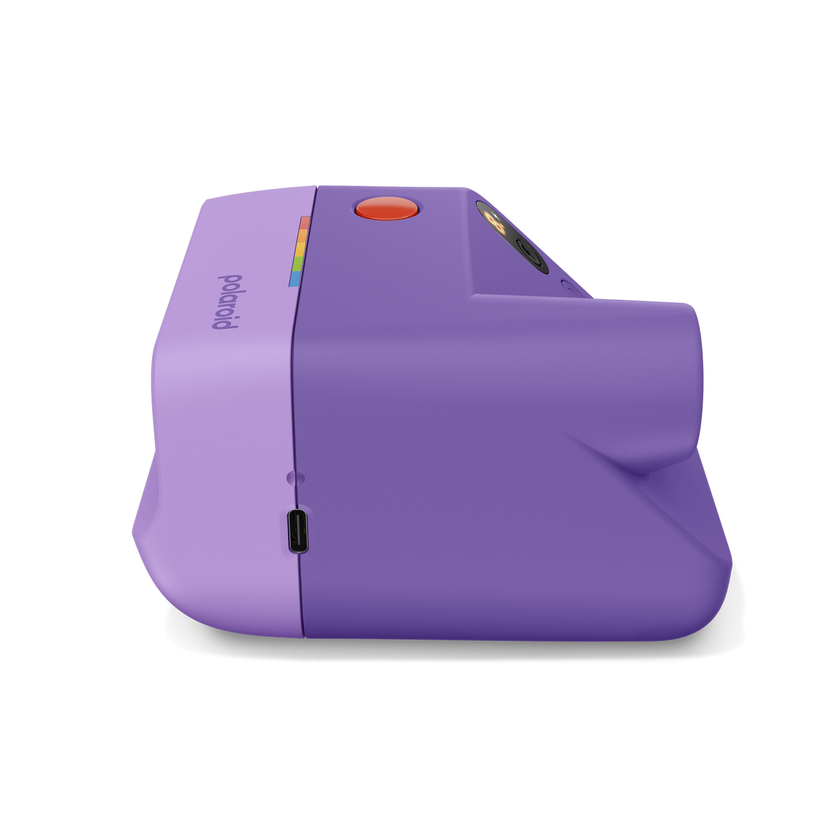 Eine lila Polaroid Sofortbildkamera mit orangefarbenem Auslöser und Regenbogen-Detail.