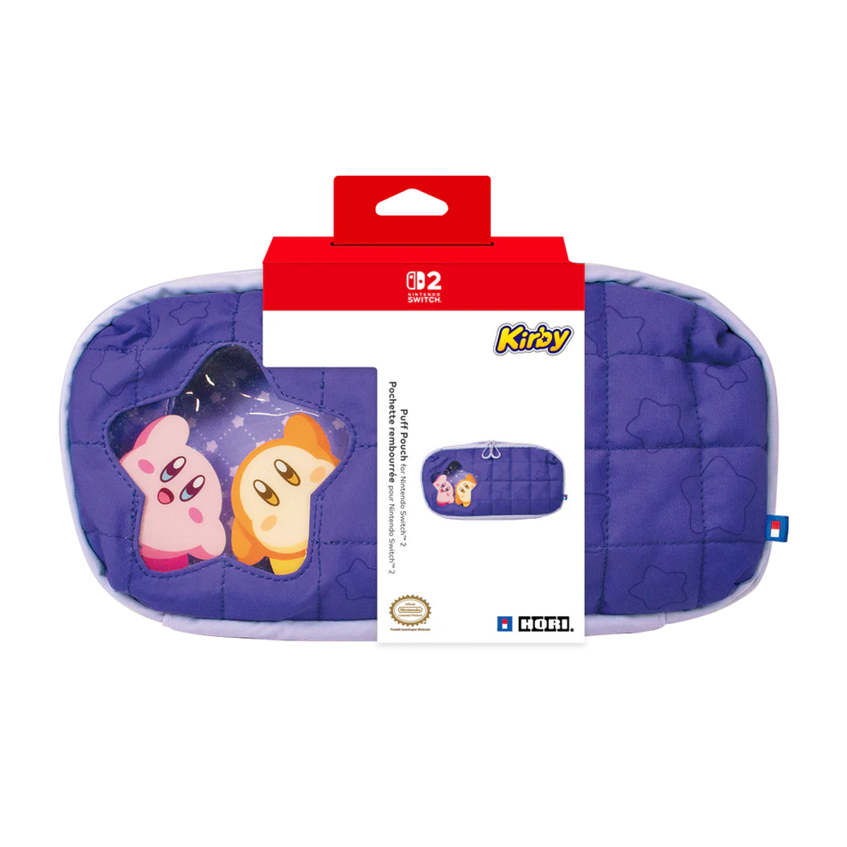 Funda acolchada morada de Kirby para Nintendo Switch con ventana de estrella y dos Kirbys.