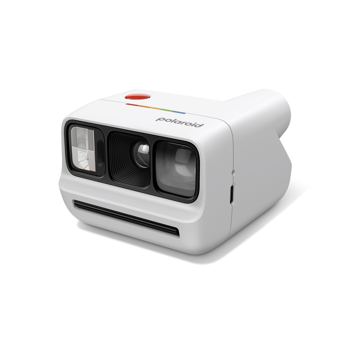 Weiße Polaroid-Kamera mit Objektiv, Blitz und Sichtfenstern, auf schwarzem Hintergrund.