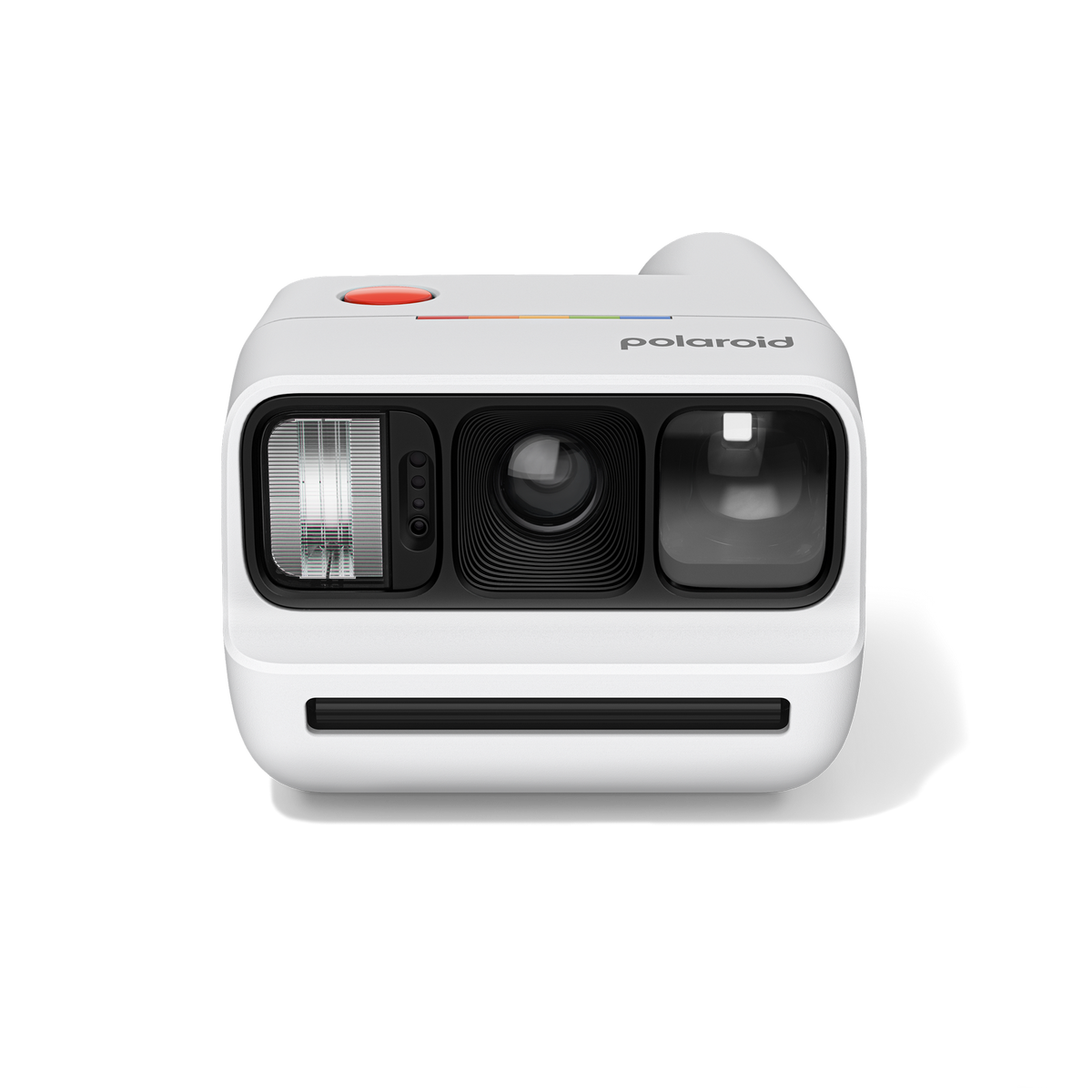 Eine weiße Polaroid-Sofortbildkamera mit rotem Auslöser und Objektiv.
