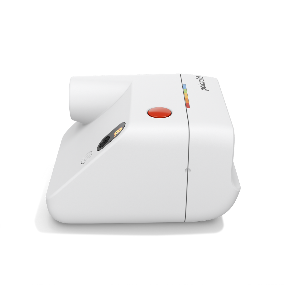Eine weiße Polaroid-Kamera mit rotem Auslöser und farbigem Logo.