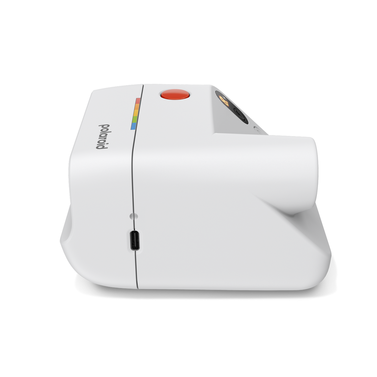 Weie Polaroid Sofortbildkamera mit rotem Auslser und USB-C-Anschluss.