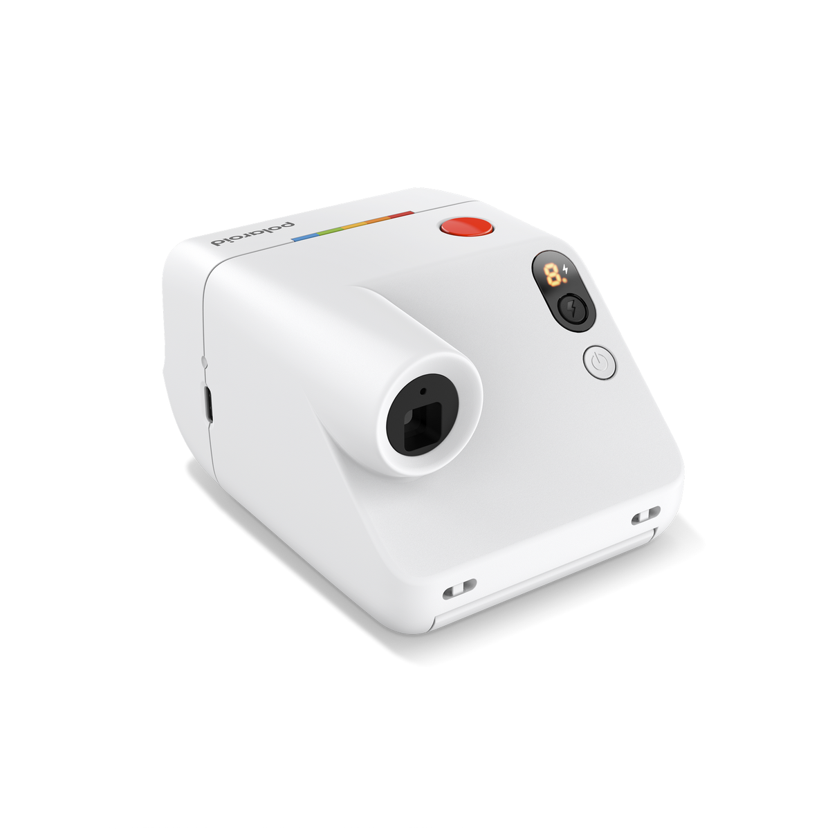 Weiße Polaroid-Kamera mit rotem Auslöser und Regenbogenakzenten.