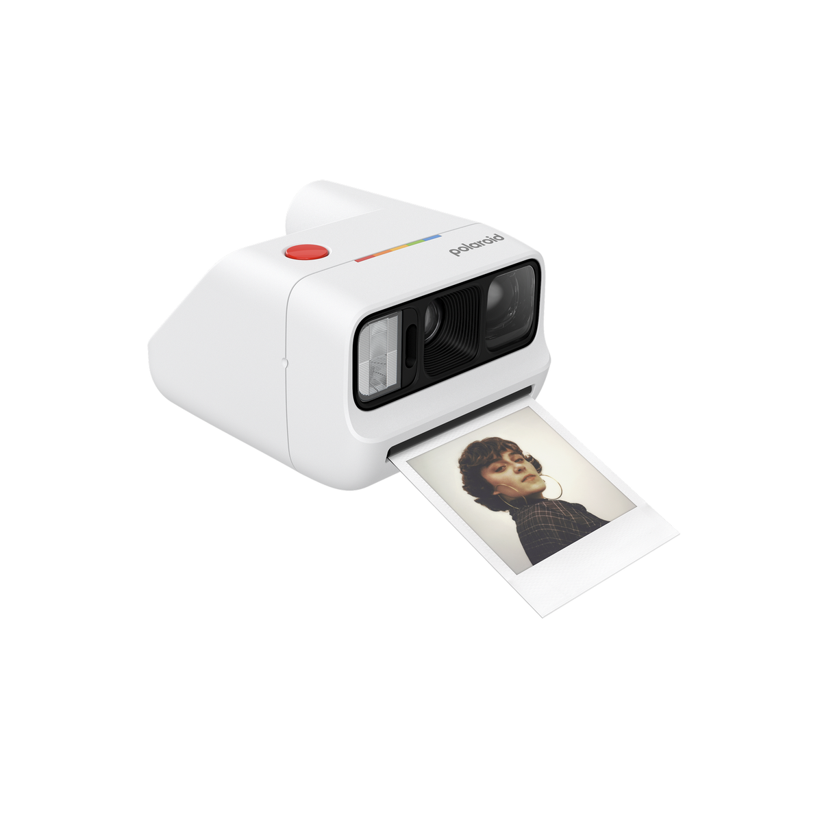 Weiße Polaroid-Kamera mit rotem Knopf und Foto einer Person.