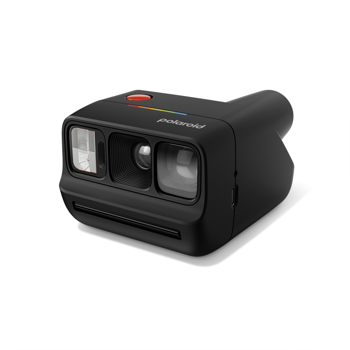 Schwarze Polaroid-Sofortbildkamera mit Regenbogenstreifen und rotem Knopf.