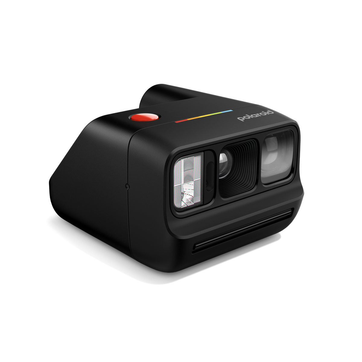 Schwarze Polaroid-Kamera mit rotem Auslöser und Farbstreifen.