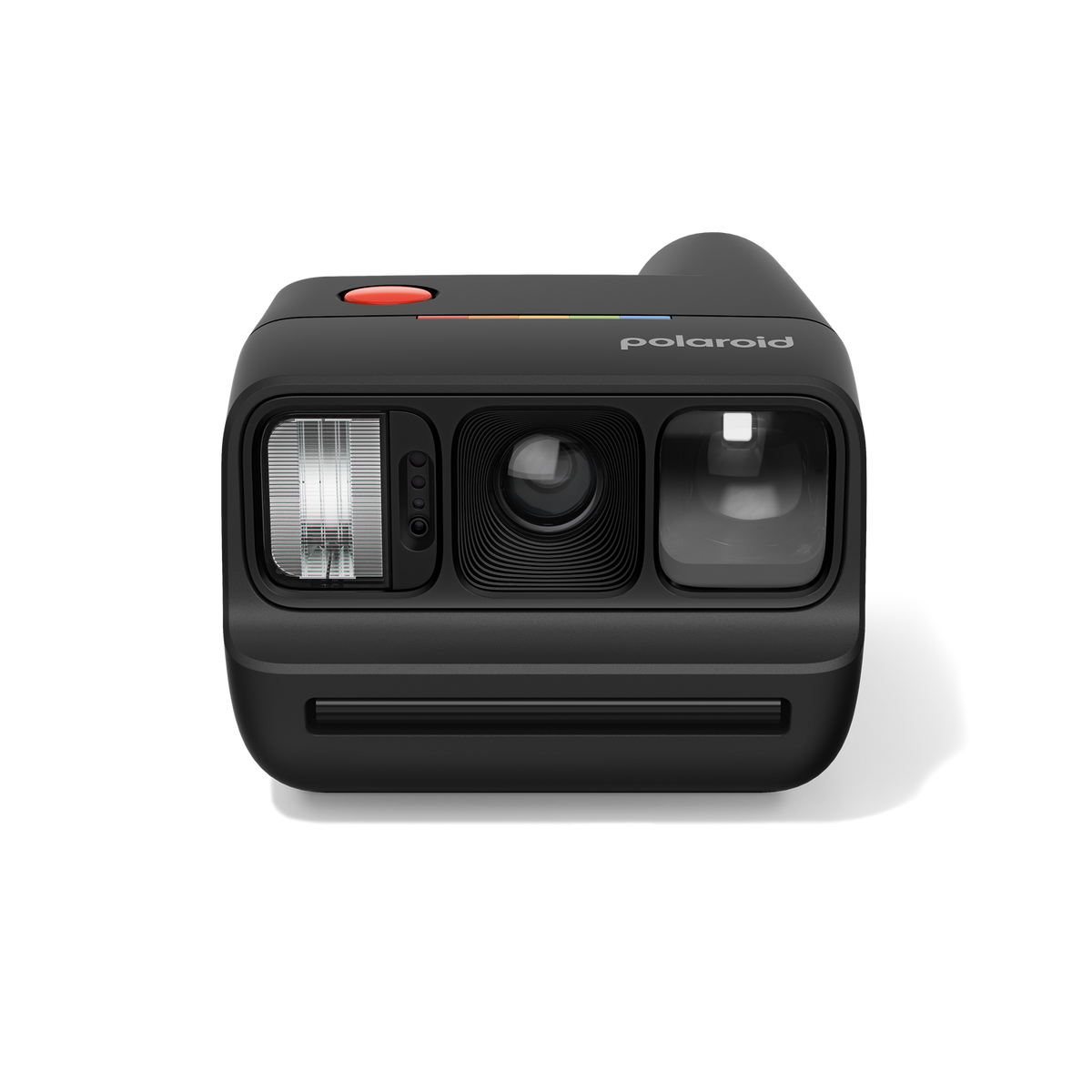 Schwarze Polaroid Sofortbildkamera mit rotem Knopf und Regenbogenstreifen oben.