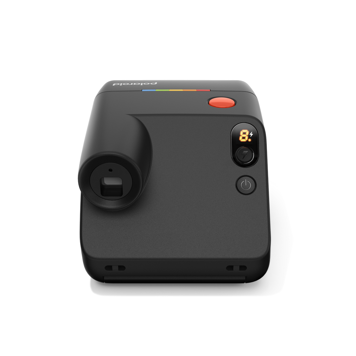 Schwarze Polaroid-Sofortbildkamera mit rotem Auslöser und digitaler Anzeige.