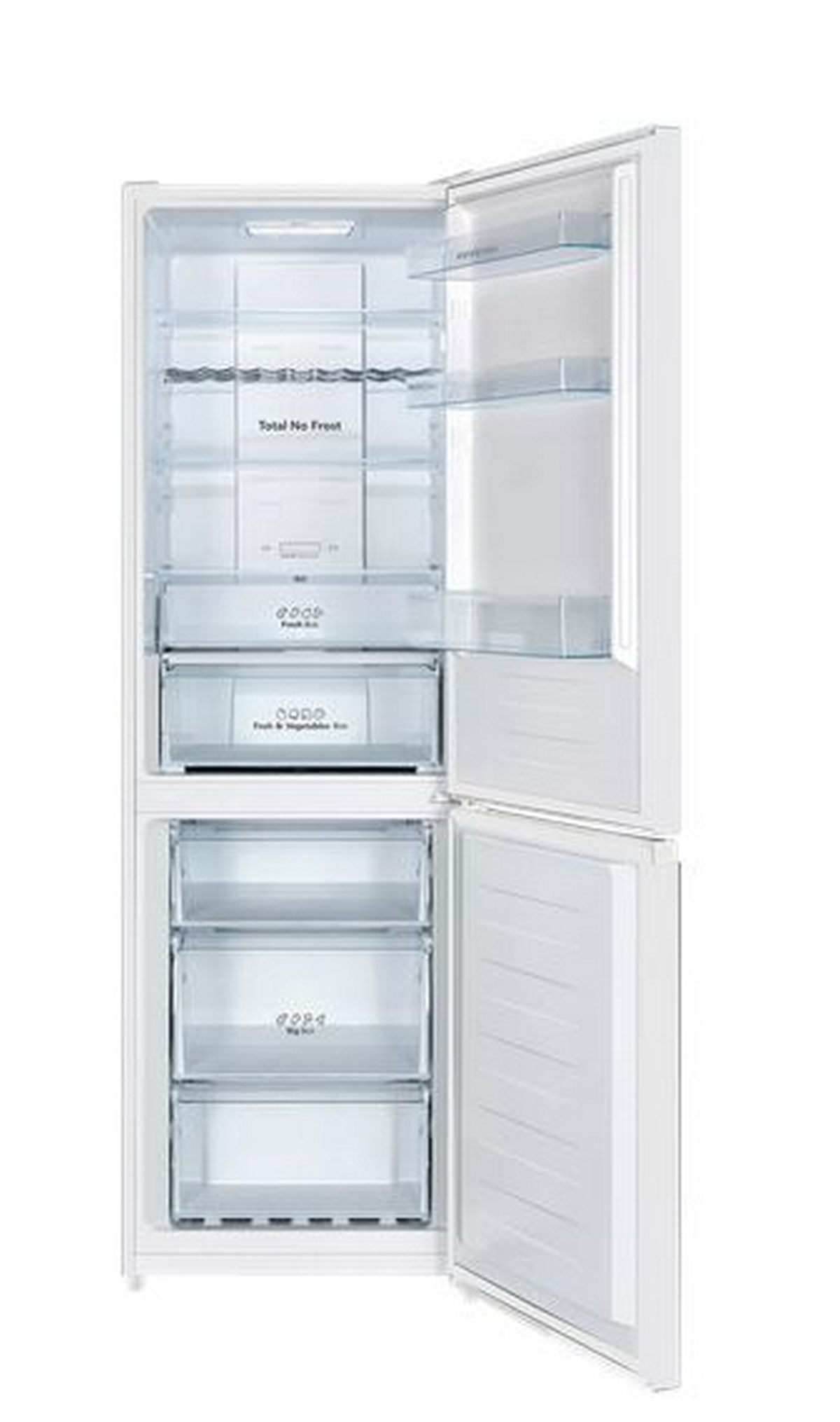 Un refrigerador blanco con la puerta abierta, mostrando estantes y cajones.