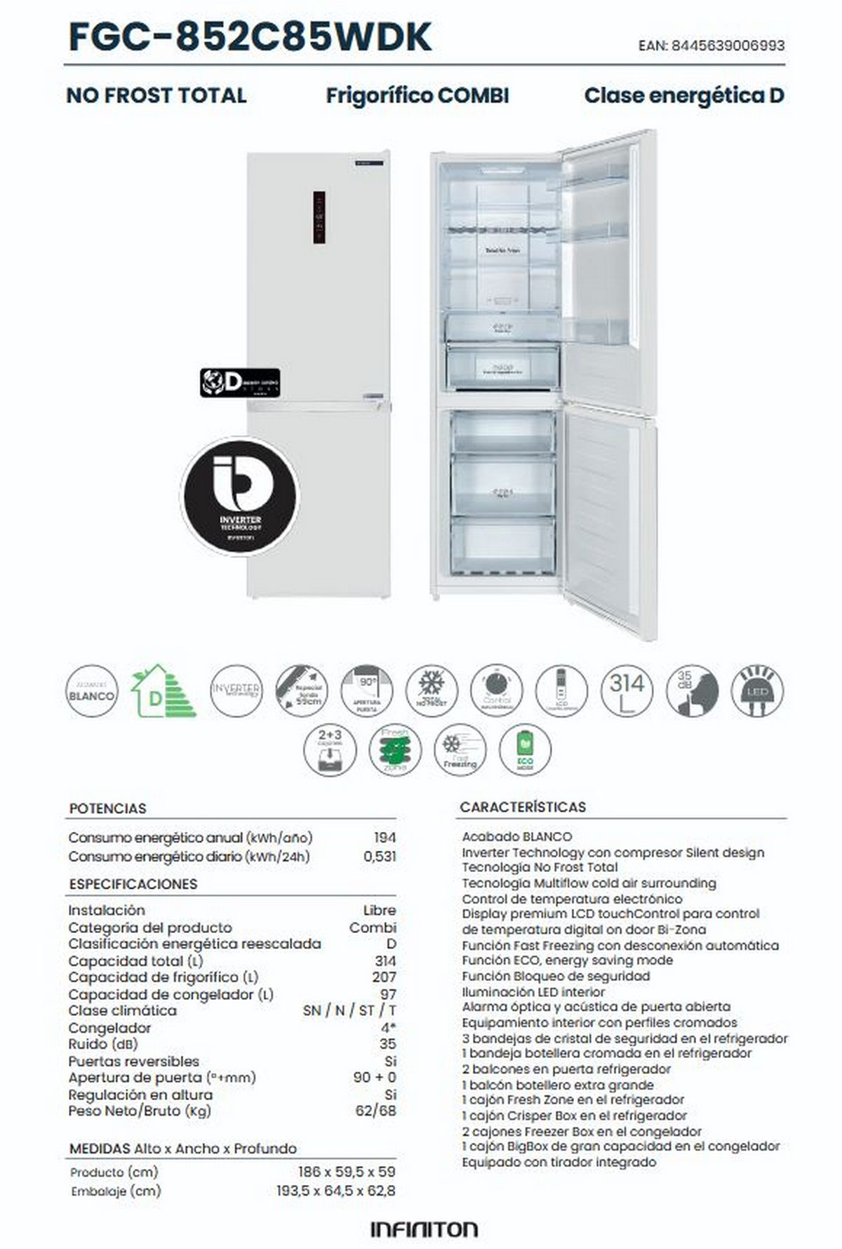 Frigorífico combi blanco con puerta abierta, clase energética D.
