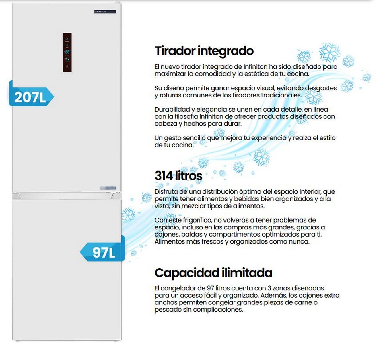 Un refrigerador blanco con tirador integrado y compartimentos. Volumen total 314L.