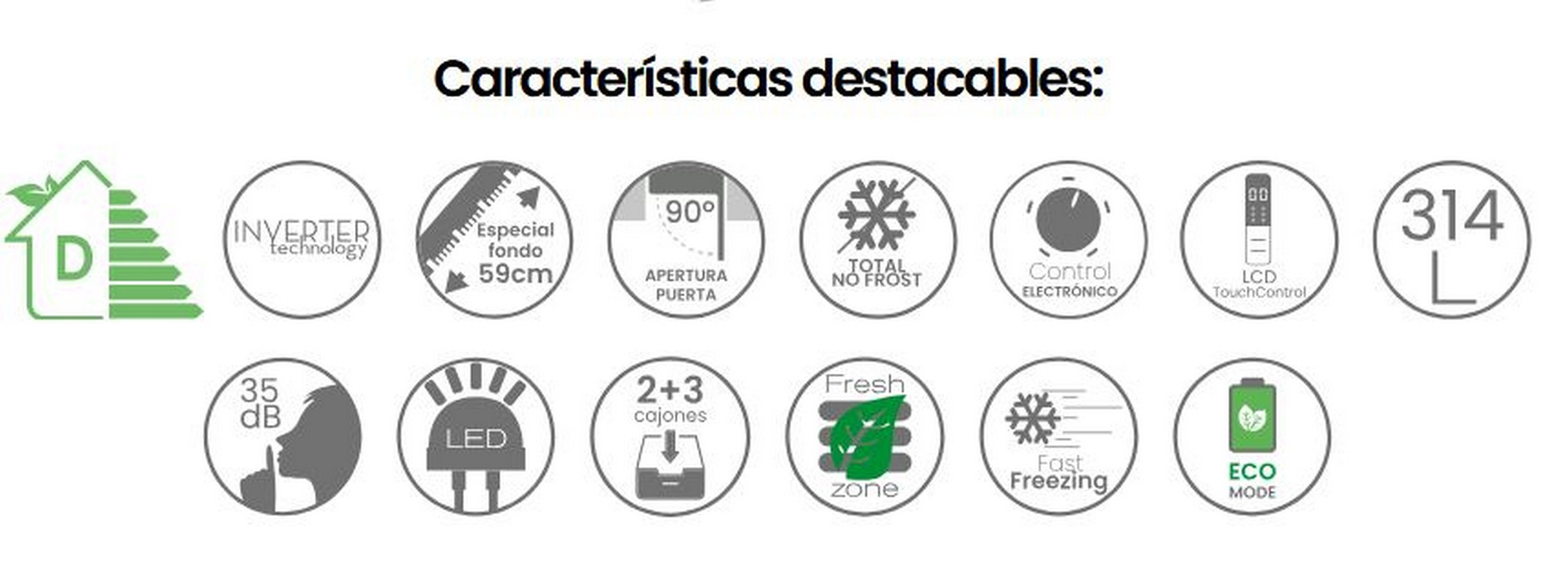 Etiqueta D, Inverter, 59cm fondo, apertura 90°, Total No Frost, LCD Touch Control.