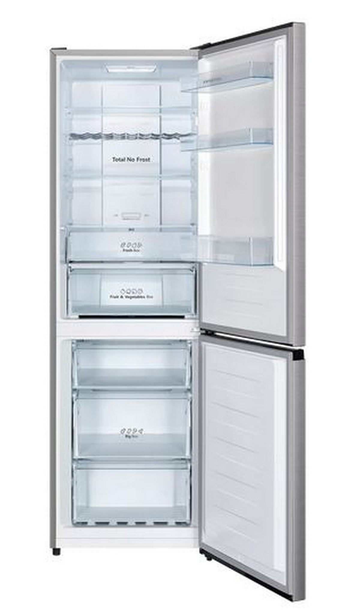 Un refrigerador plateado abierto con estantes de cristal y cajones.