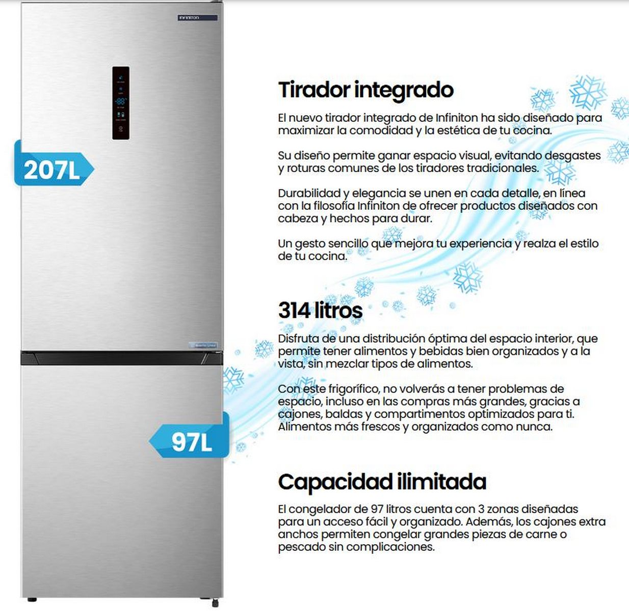 Un refrigerador plateado con tirador integrado y etiquetas.