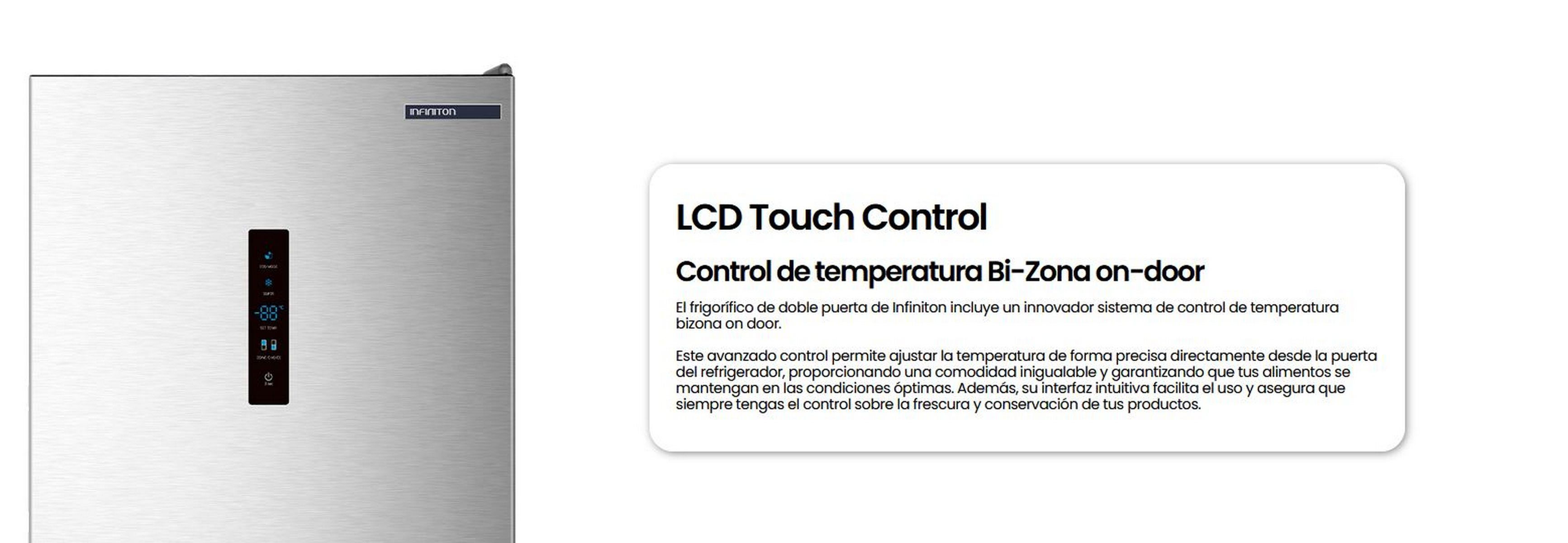 Puerta plateada de refrigerador con pantalla táctil LCD azul que muestra -88°C.