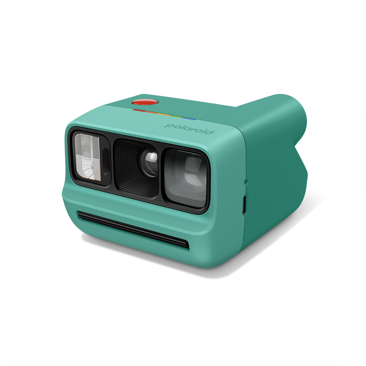 Eine türkise Polaroid-Kamera mit roten und bunten Knöpfen und einem Objektiv.