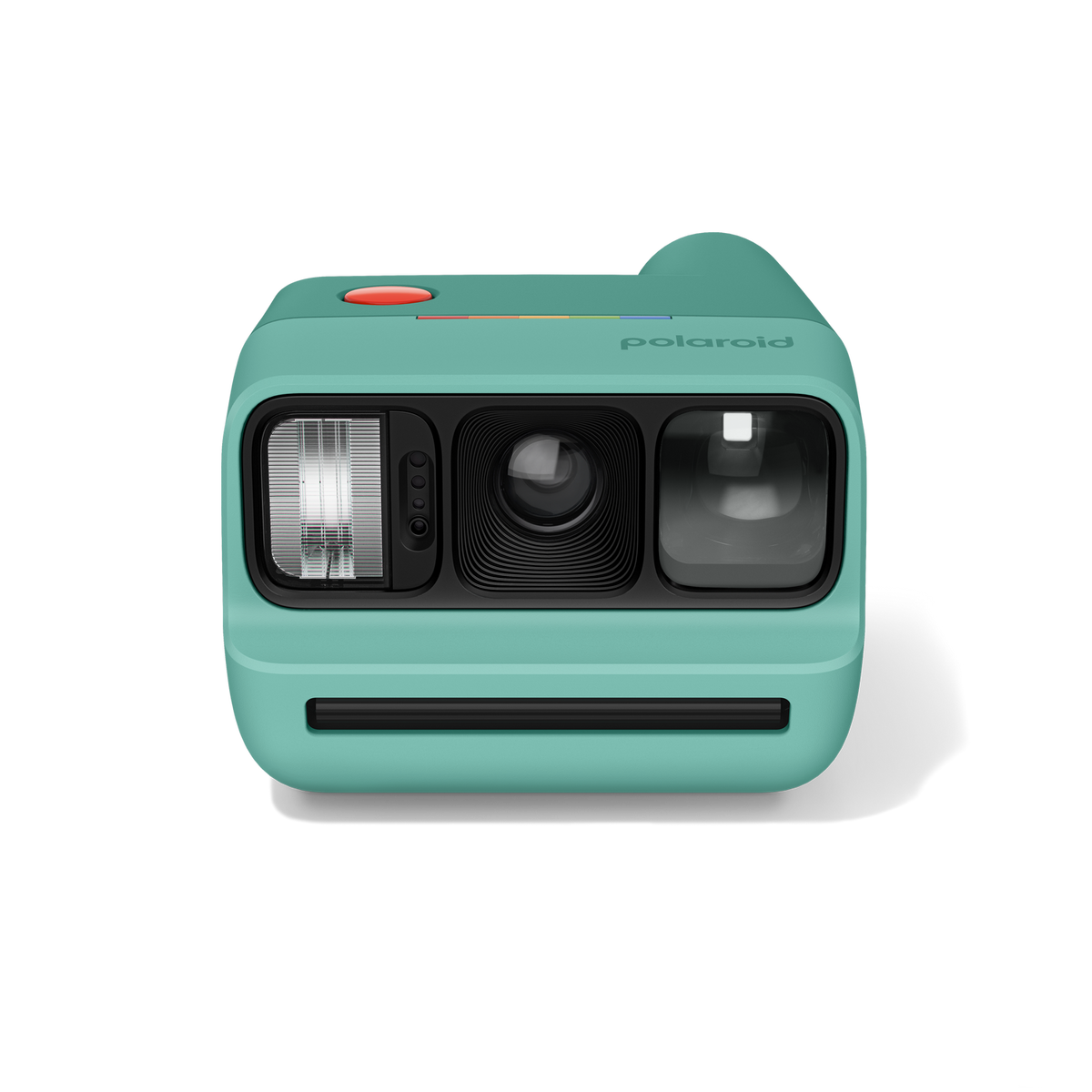 Eine mintgrüne Polaroid-Kamera mit Blitz, Objektiv und Sucher.