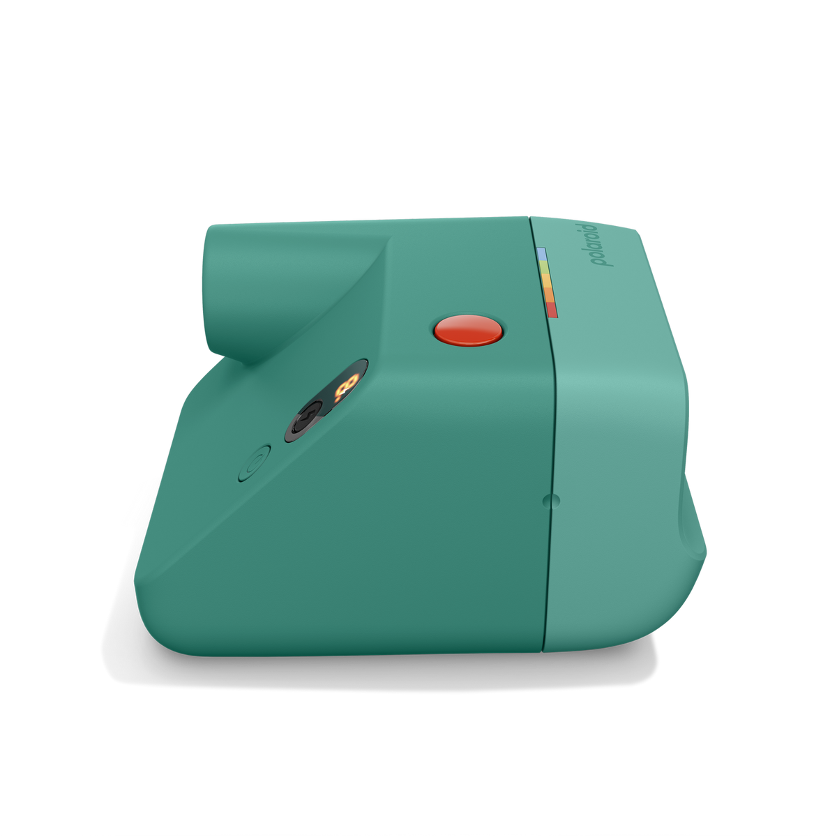 Eine teal Polaroid Sofortbildkamera mit rotem Auslöser und Regenbogen-Lichtanzeige.