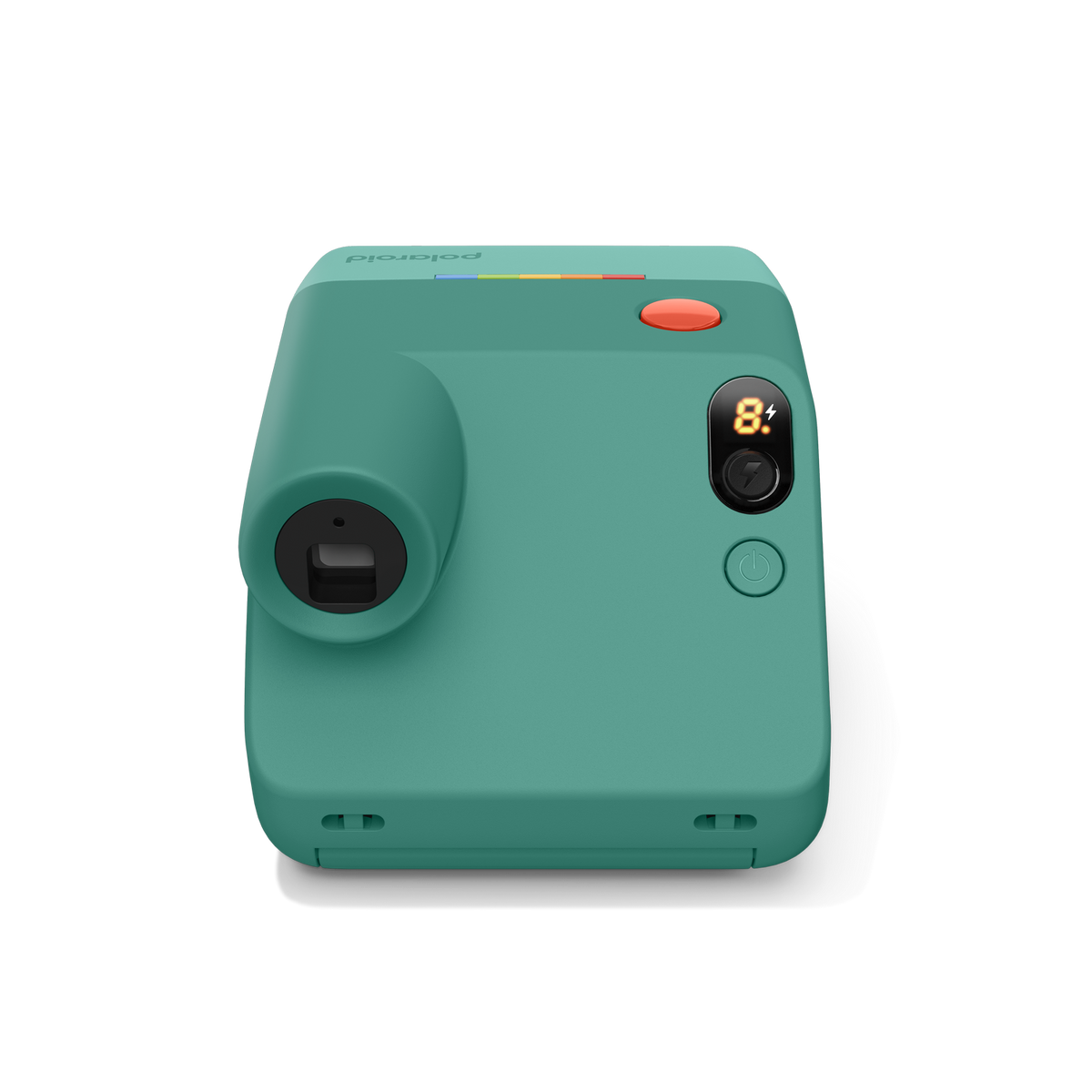 Eine grüne Polaroid-Sofortbildkamera mit orangem Auslöser und digitaler Anzeige.