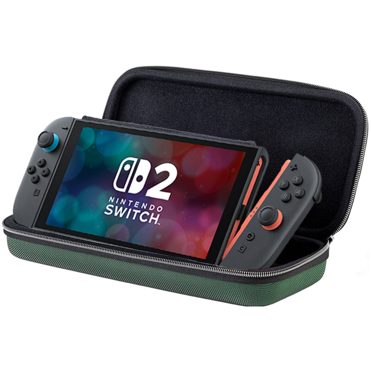 Un Nintendo Switch en una funda verde abierta con Joy-Cons.